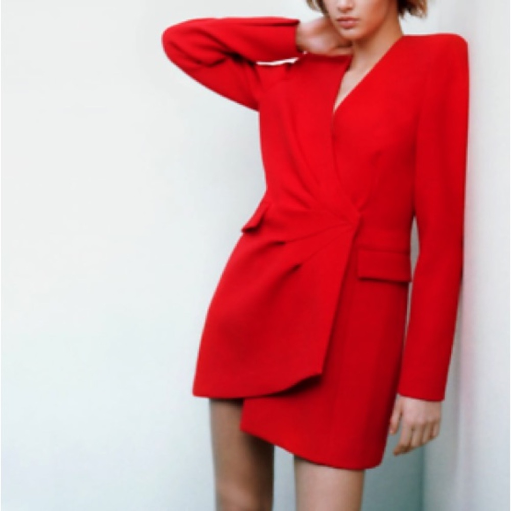 ZARA ASYMMETRIC DRAPED BLAZER DRESS RED